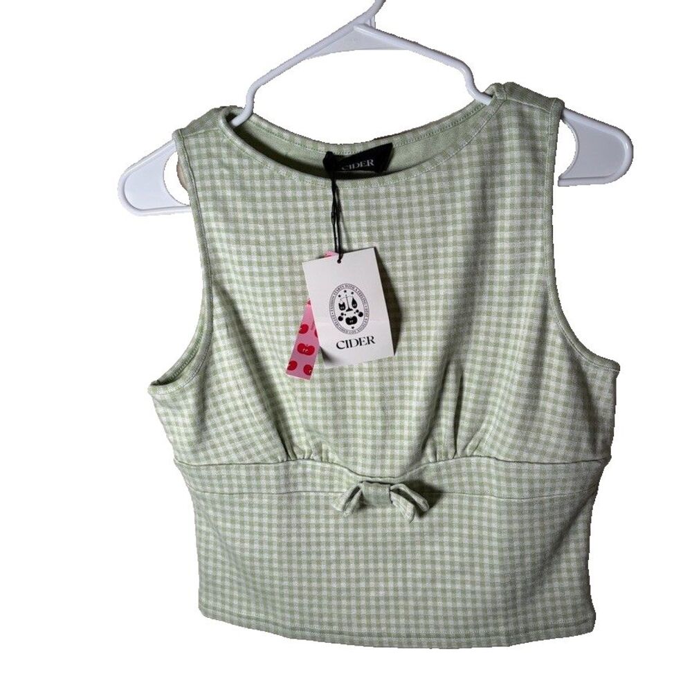 Cider Tank Top Women's Large Green Gingham Sleeveless Cropped Crew Neck